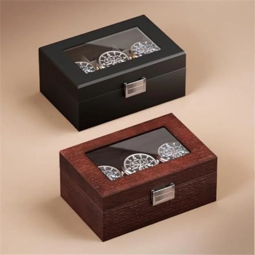 Wooden Watch Box for Men, 3 Slot Watch Display Case with Glass Lid
